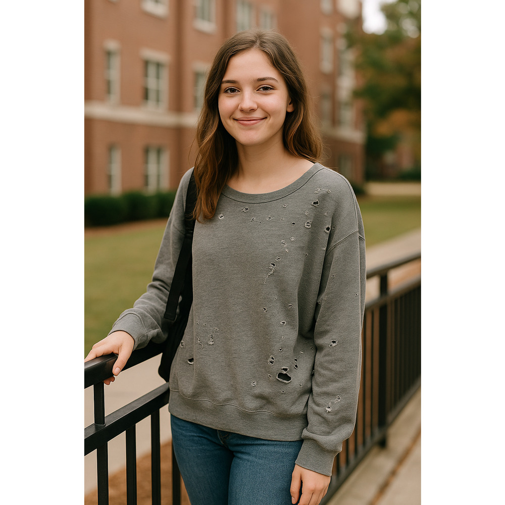 Express One Eleven Gray Distressed Sweatshirt Women’s Size Large Oversized